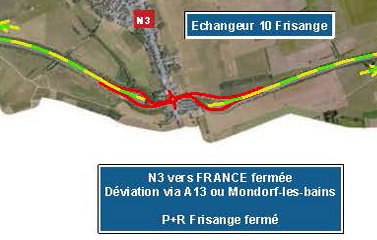 A13 + N3: Chantier dans le cadre des travaux du réaménagement du P+R Frisange (11-21.07.2025)
