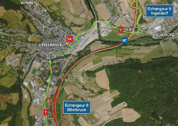 A7/B7: Chantier entre l’échangeur Colmar-Berg et l’échangeur Ingeldorf du vendredi 25 juillet vers 20h00 jusqu’au lundi 28 juillet vers 05h00