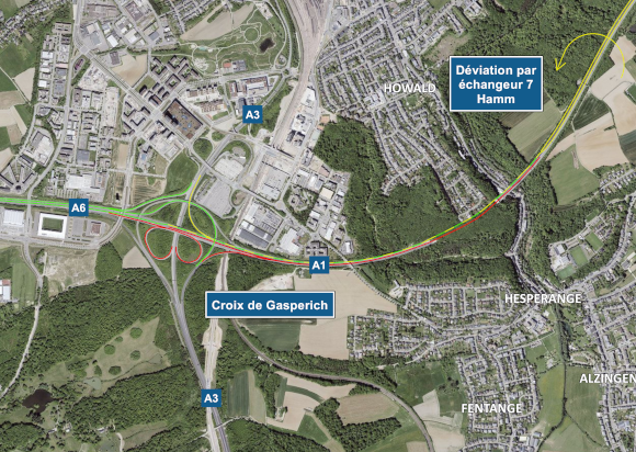 A1: Renouvellement de la couche de roulement entre la croix de Gasperich et l’échangeur Hamm de l’autoroute (17-20.07.2026)