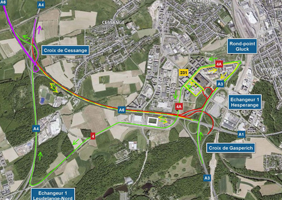 A6: Renouvellement de la couche de roulement entre la croix de Gasperich et la croix de Cessange (09-12.10.2026)